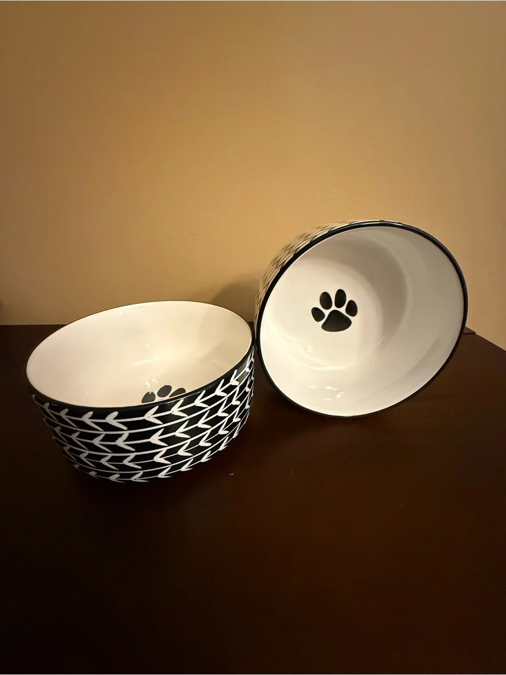 Black & White Paw-Print Stoneware Ceramic Dog Bowl Set cleaned and sanitized.